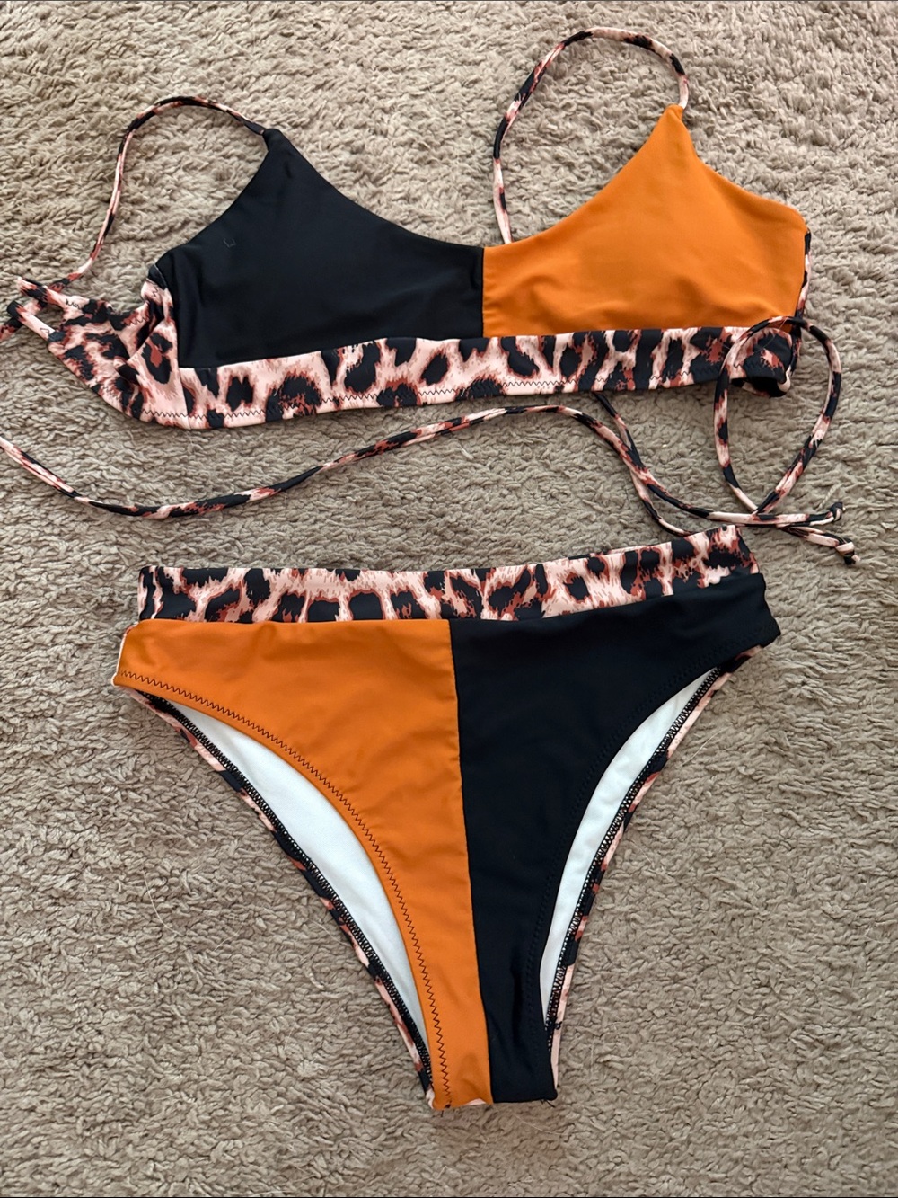 Amazon Two-Piece Colorblock Bikini with Leopard Trim - Black & Orange